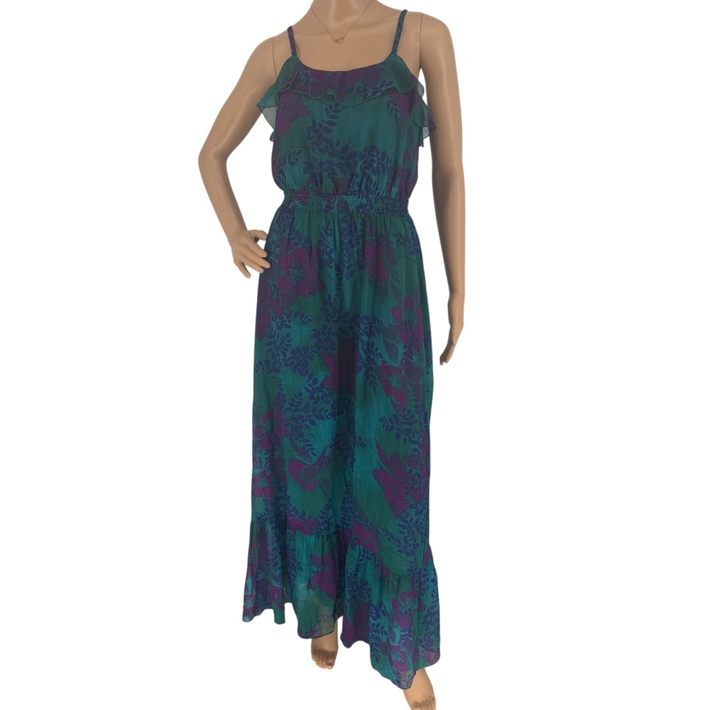Express Teal Purple Floral Maxi‎ Dress Ruffle Neck Adjustable Straps Size Small